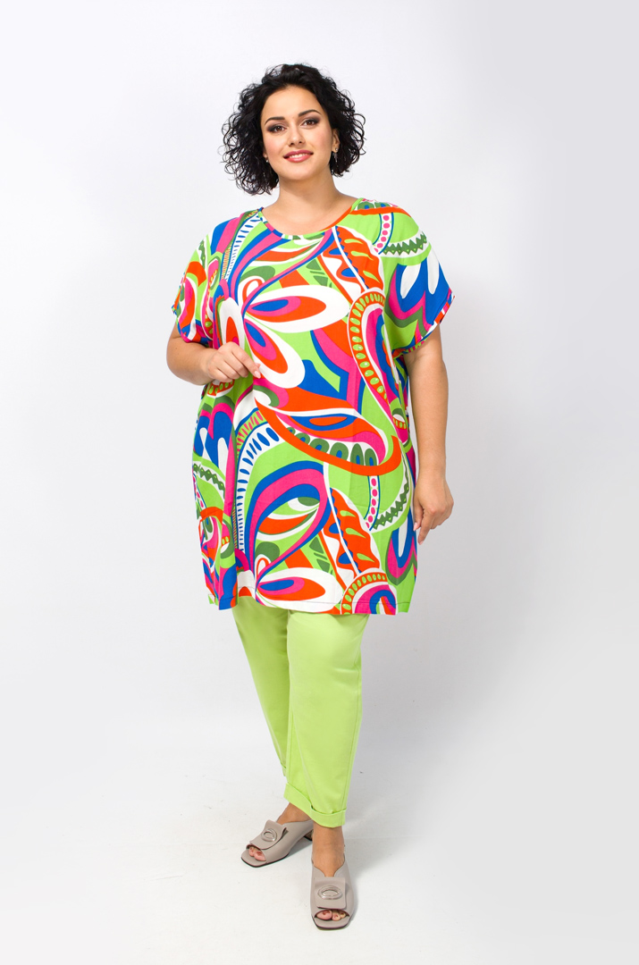 Туніка довга в яскравий кольоровий принт супер батал