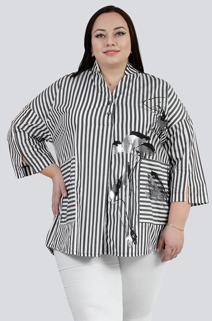 Туніка в смужку з принтом із сріблом великих розмірів