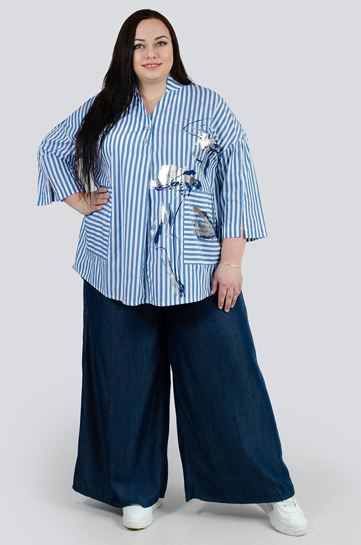 Туніка в смужку з принтом із сріблом великих розмірів