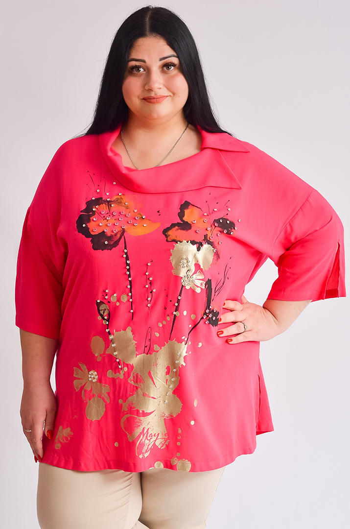 Туніка з золотавим принтом і декоративним коміром великих розмірів