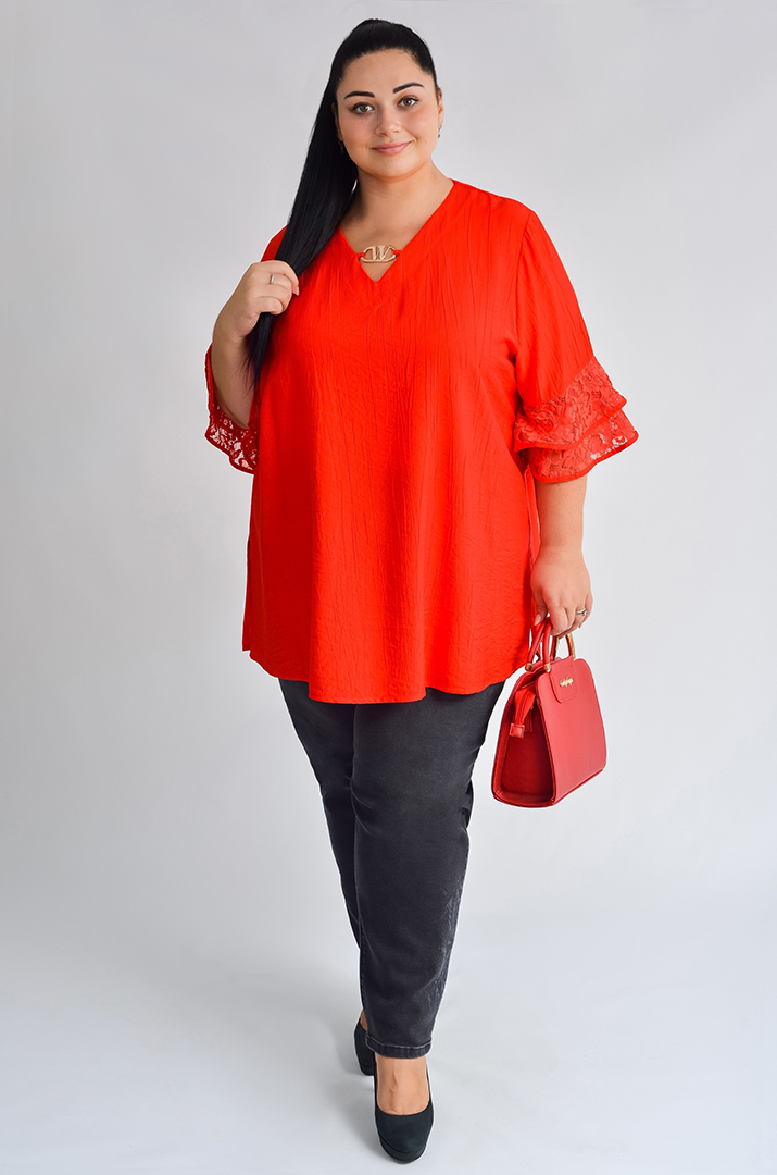 Туніка з жатої тканини з мереживними воланами великих розмірів