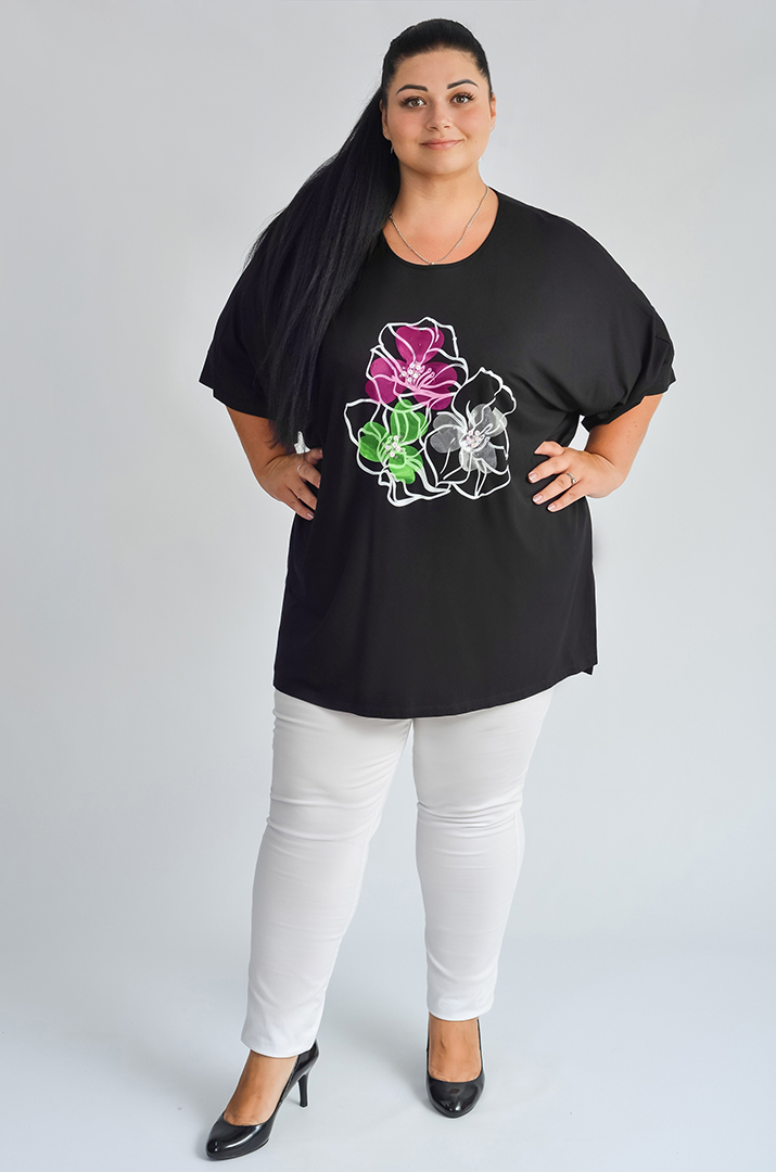 Чорна коротка туніка з яскравими квітами великих розмірів