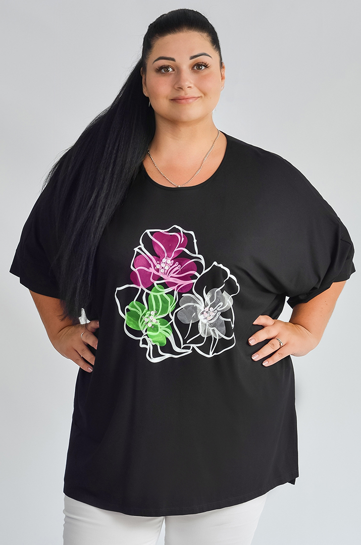 Чорна коротка туніка з яскравими квітами великих розмірів