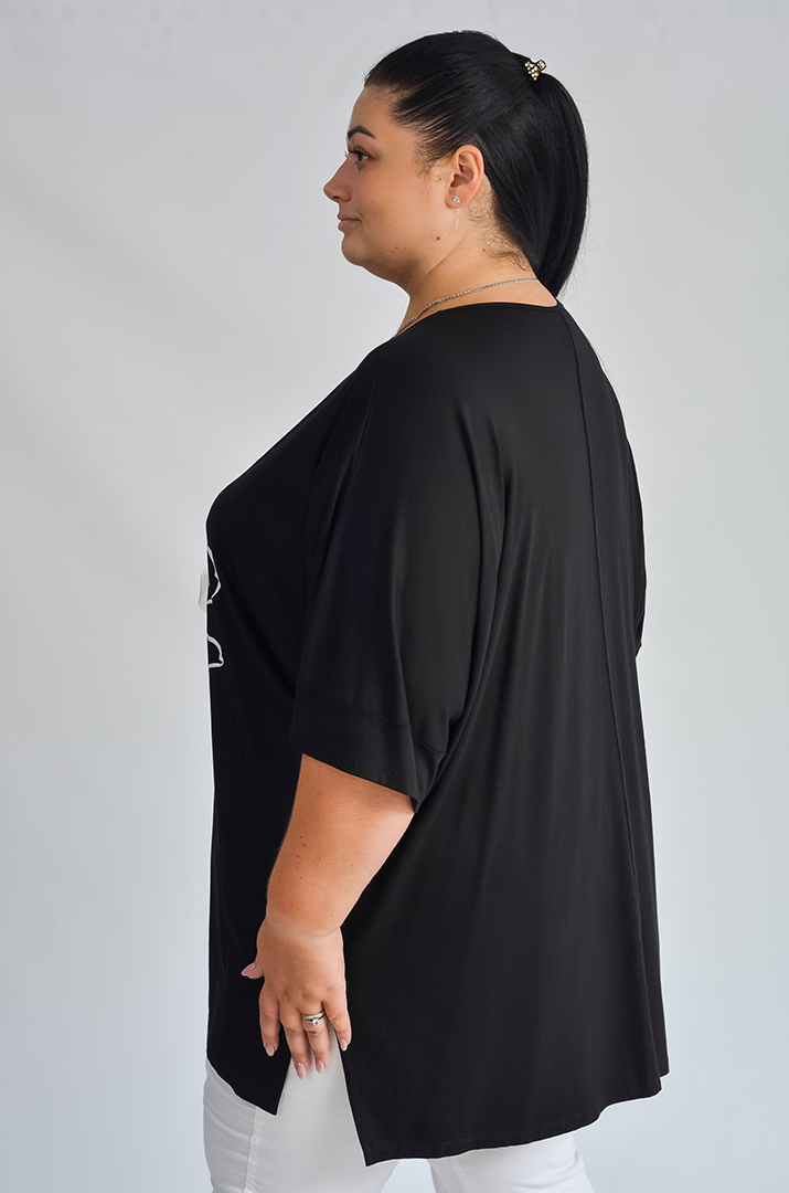 Чорна коротка туніка з яскравими квітами великих розмірів