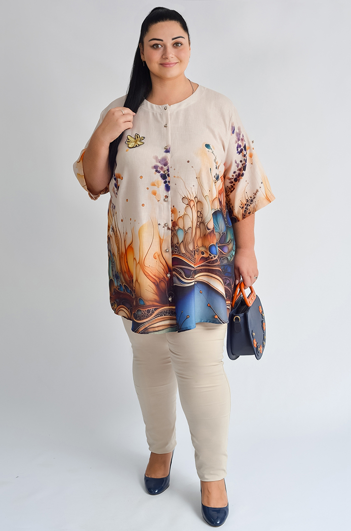 Туніка-сорочка з яскравим художнім принтом великих розмірів