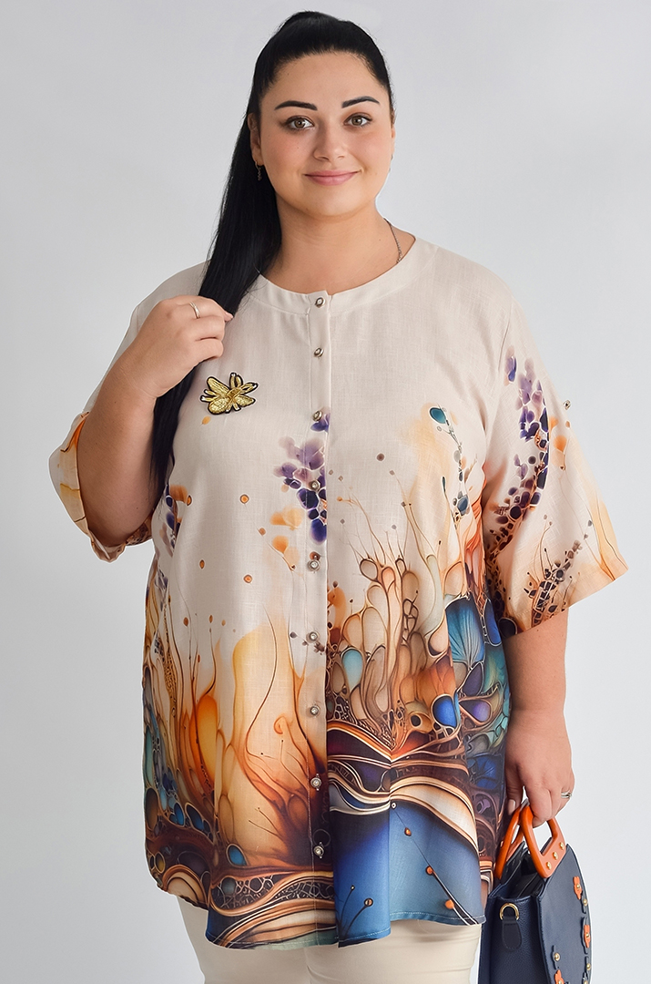 Туніка-сорочка з яскравим художнім принтом великих розмірів