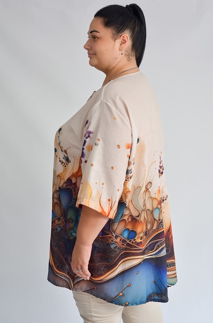 Туніка-сорочка з яскравим художнім принтом великих розмірів