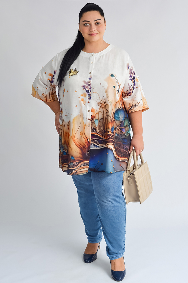 Туніка-сорочка з яскравим художнім принтом великих розмірів