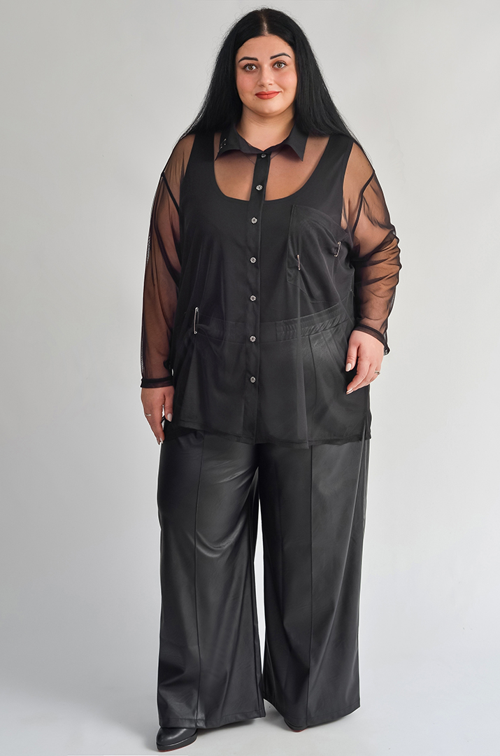 Чорна туніка-сорочка з прозорої сітки великих розмірів