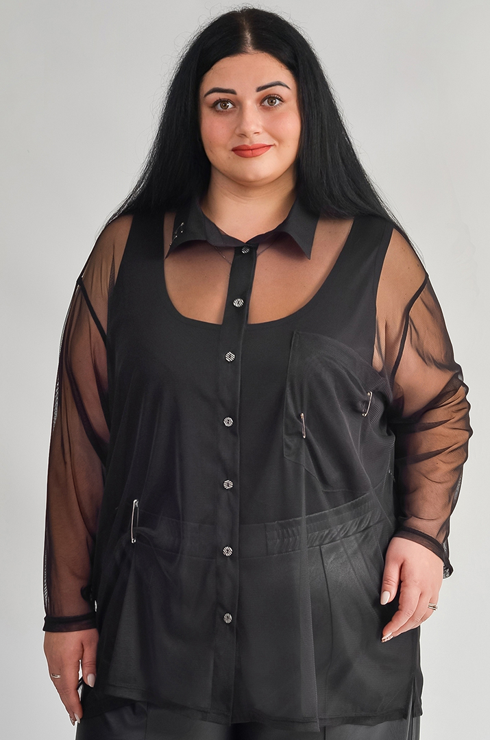 Чорна туніка-сорочка з прозорої сітки великих розмірів