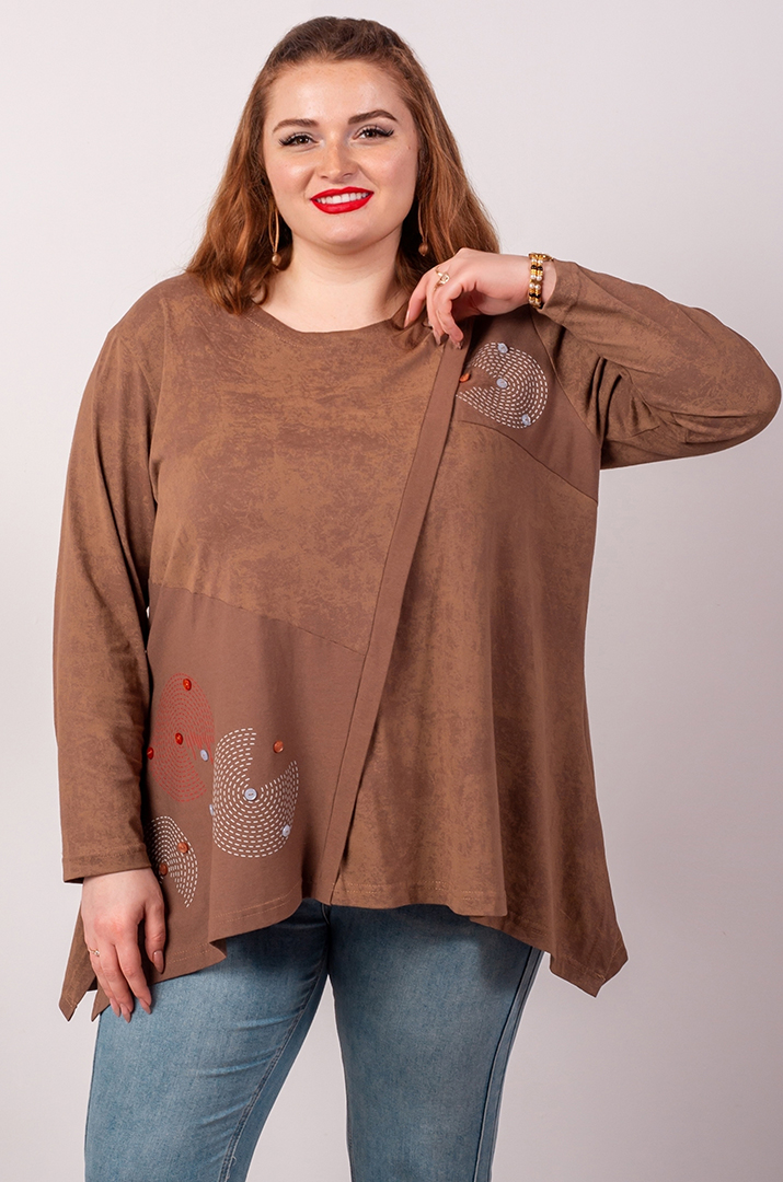 Туніка коротка в коричневому відтінку з геометричним принтом великих розмірів