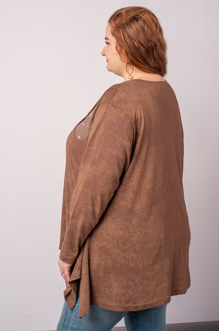 Туніка коротка в коричневому відтінку з геометричним принтом великих розмірів