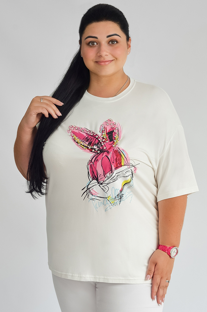 Футболка з яскравим принтом та стразами великих розмірів