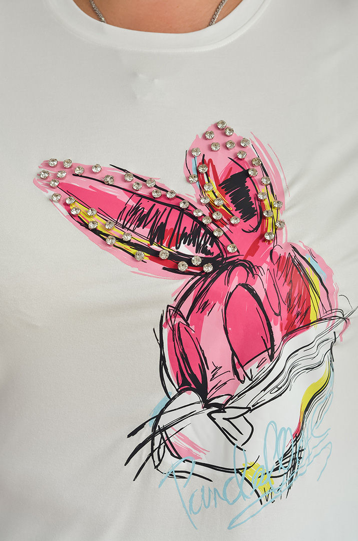 Футболка з яскравим принтом та стразами великих розмірів
