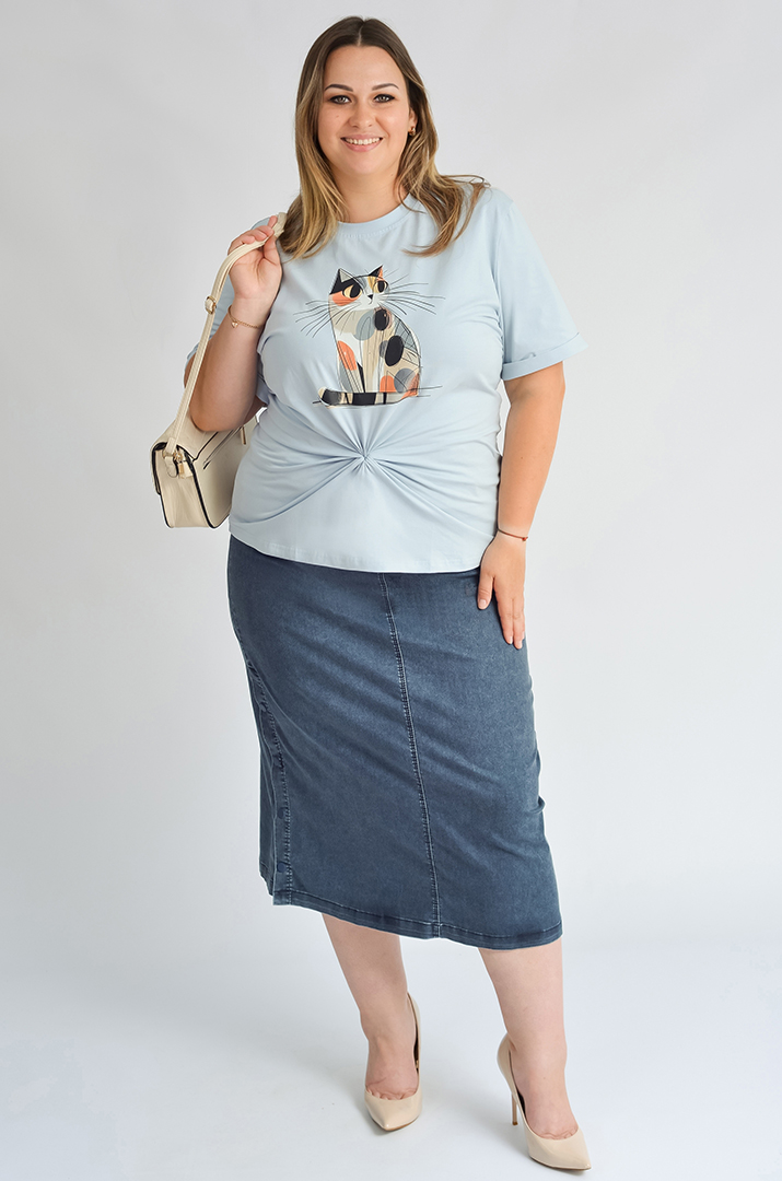 Футболка довга з принтом-котиком великих розмірів