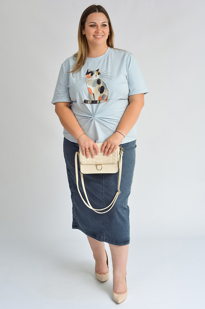 Футболка довга з принтом-котиком великих розмірів