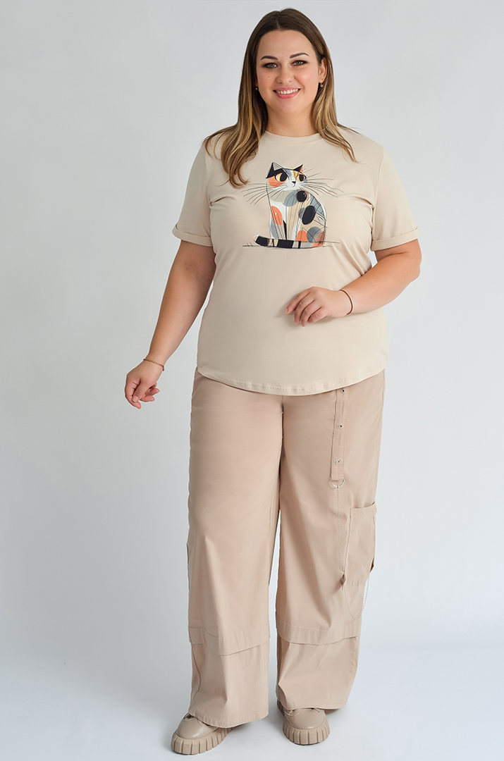 Футболка довга з принтом-котиком великих розмірів