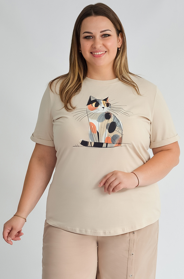 Футболка довга з принтом-котиком великих розмірів