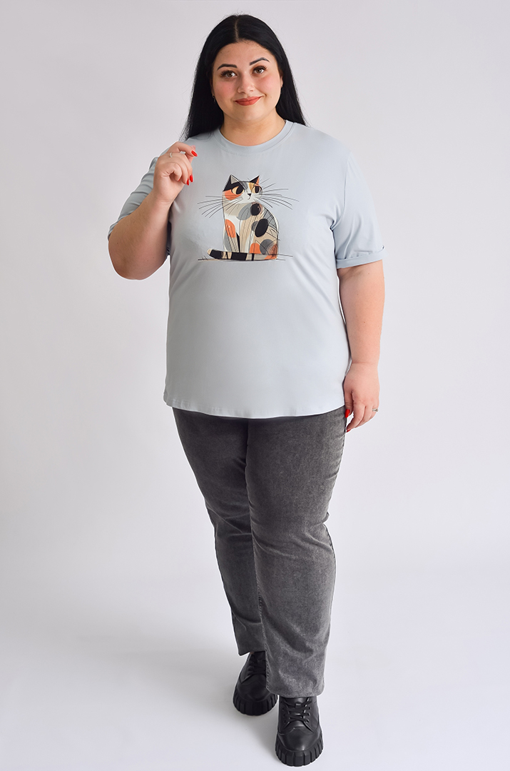 Футболка довга з принтом-котиком великих розмірів