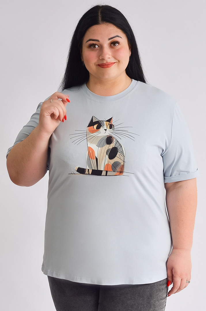Футболка довга з принтом-котиком великих розмірів