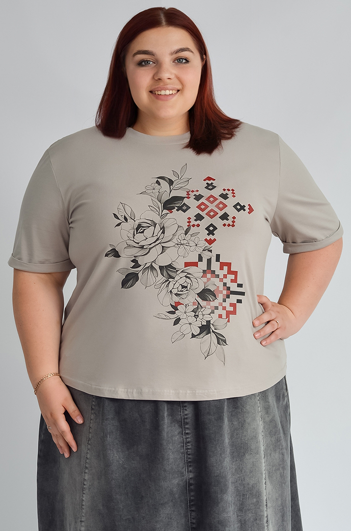 Футболка трикотажна з принтом-вишивкою великих розмірів