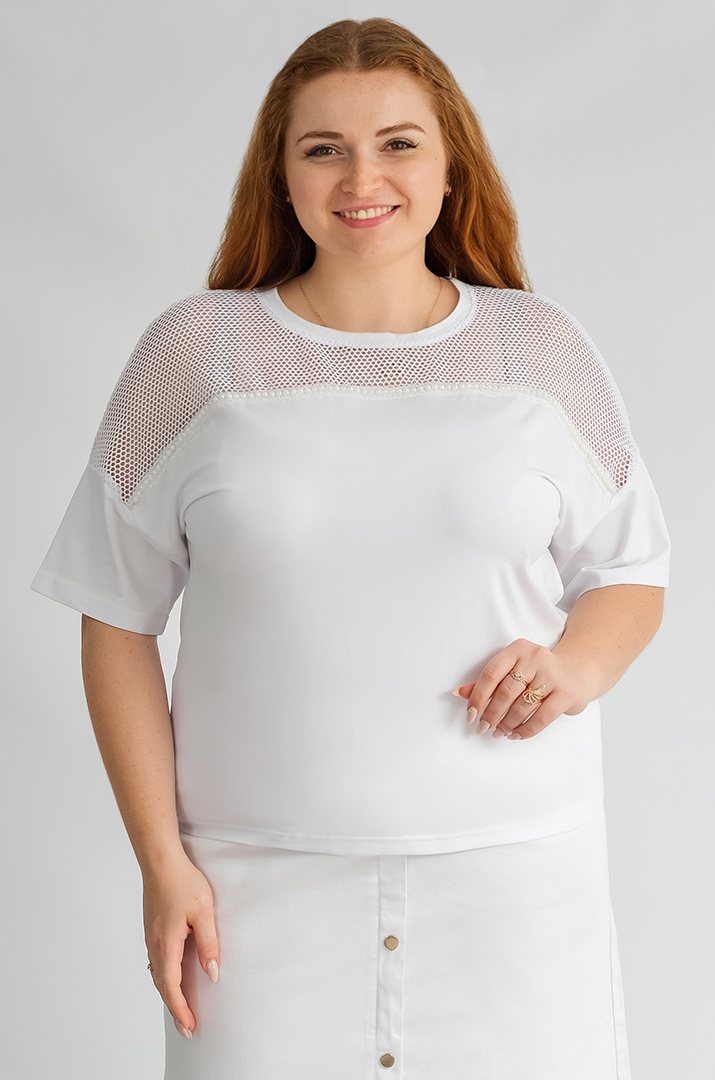 Футболка з декоративною сіткою та перлинами великих розмірів