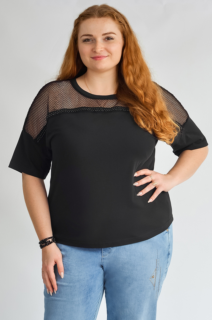 Футболка з декоративною сіткою та перлинами великих розмірів