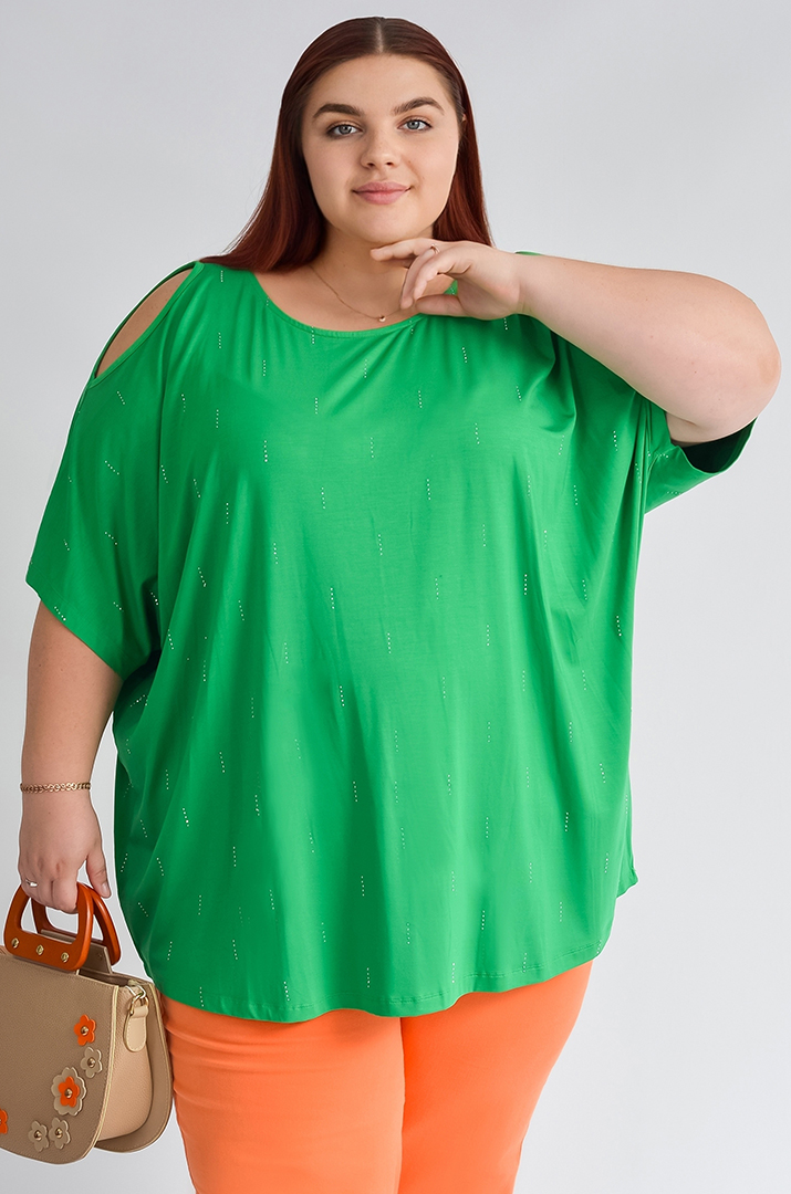 Футболка довга з вирізами на плечах та стразами великих розмірів