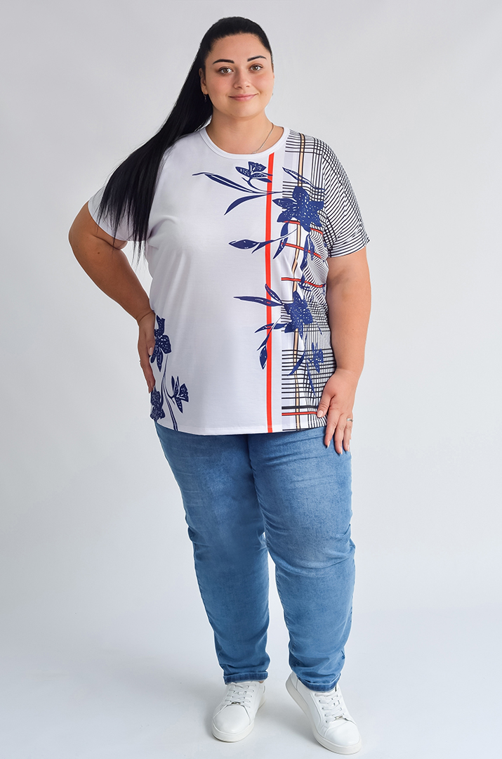 Футболка довга з квітково-геометричним принтом великих розмірів