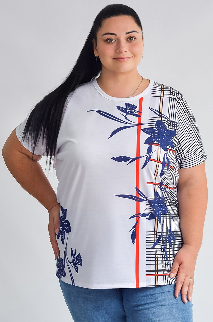 Футболка довга з квітково-геометричним принтом великих розмірів