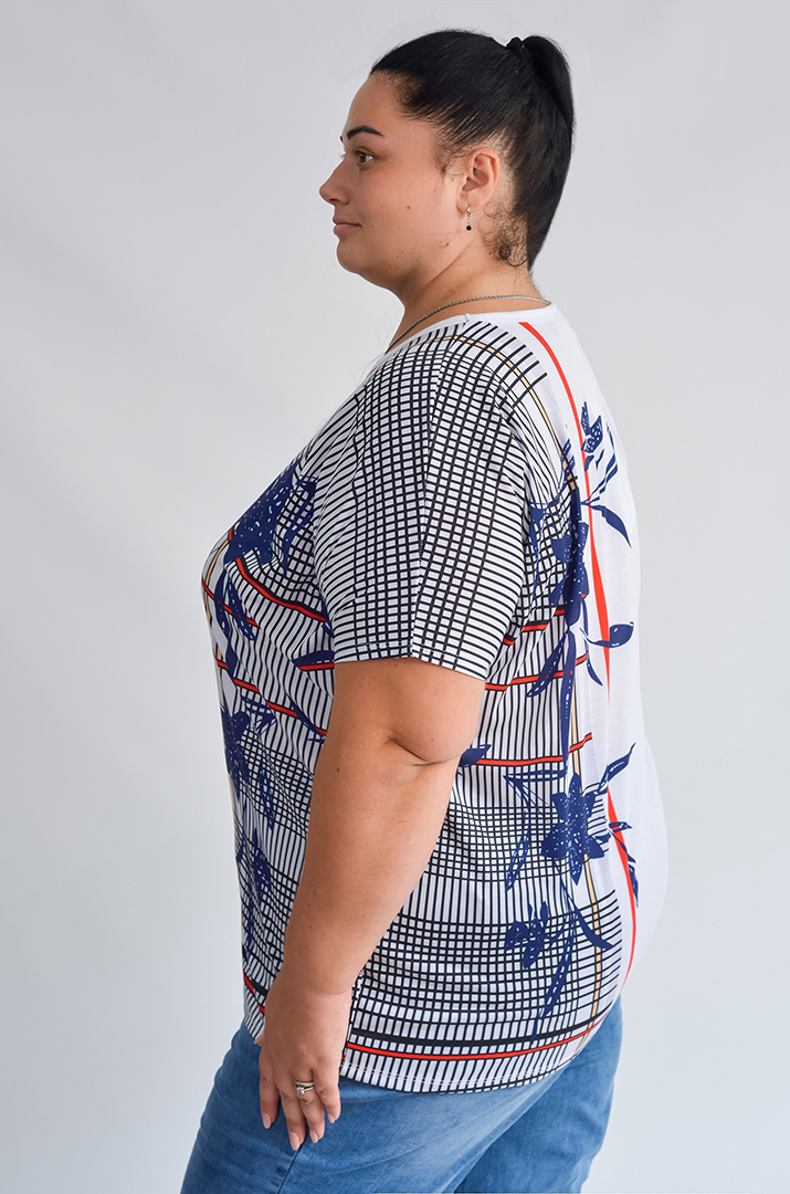 Футболка довга з квітково-геометричним принтом великих розмірів