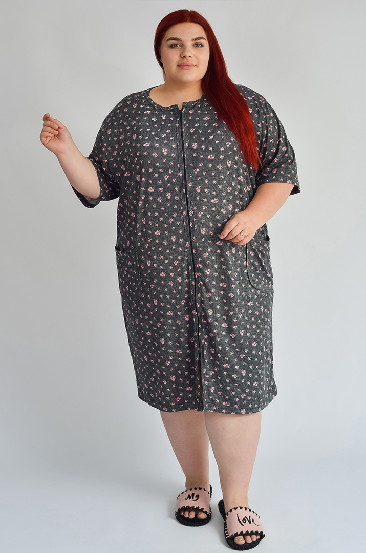 Халат короткий в дрібний квітковий принт великих розмірів