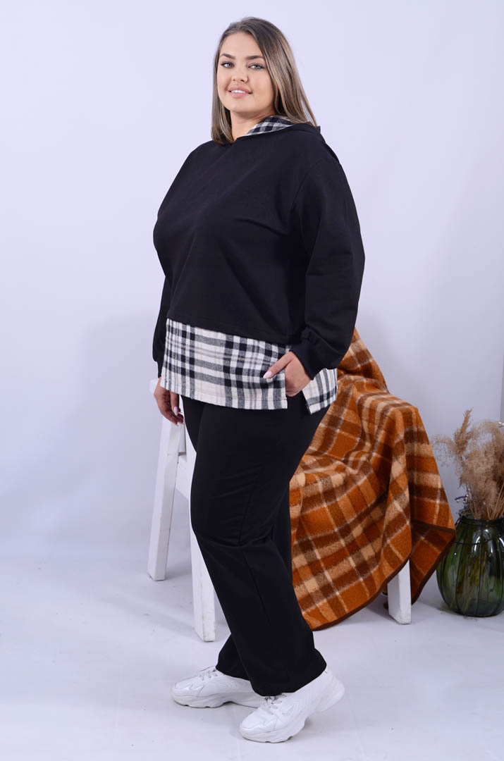 Худі подовжене з клітчатими вставками батал