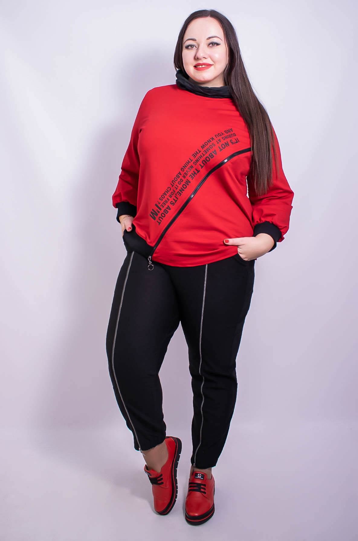 Свитшот с принтом и молнией батал